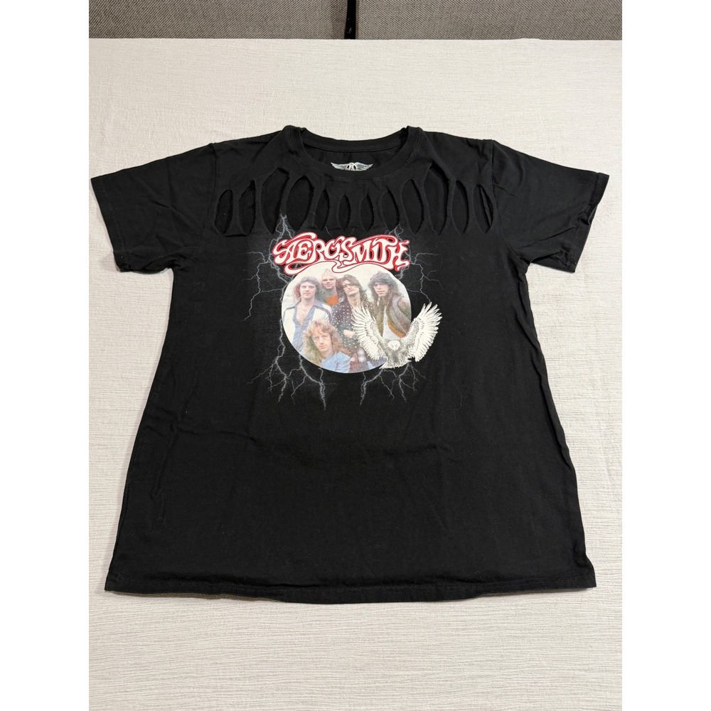 Aerosmith Graphic T-Shirt Black Cotton Cut Out Distressed Rock Band Tee Large